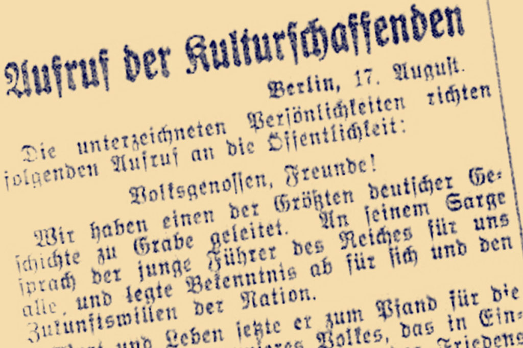 Joseph Goebbels: Aufruf der Kulturschaffenden. Ausschnitt aus Völkischer Beobachter vom 18. August 1934